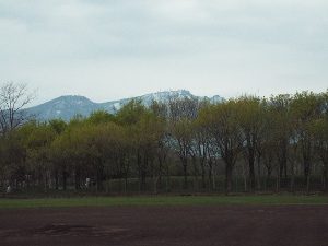 公園の球場の向こうに手稲山