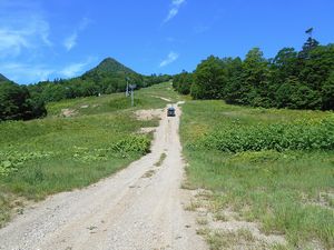 続く作業道をゆっくり進む作業車